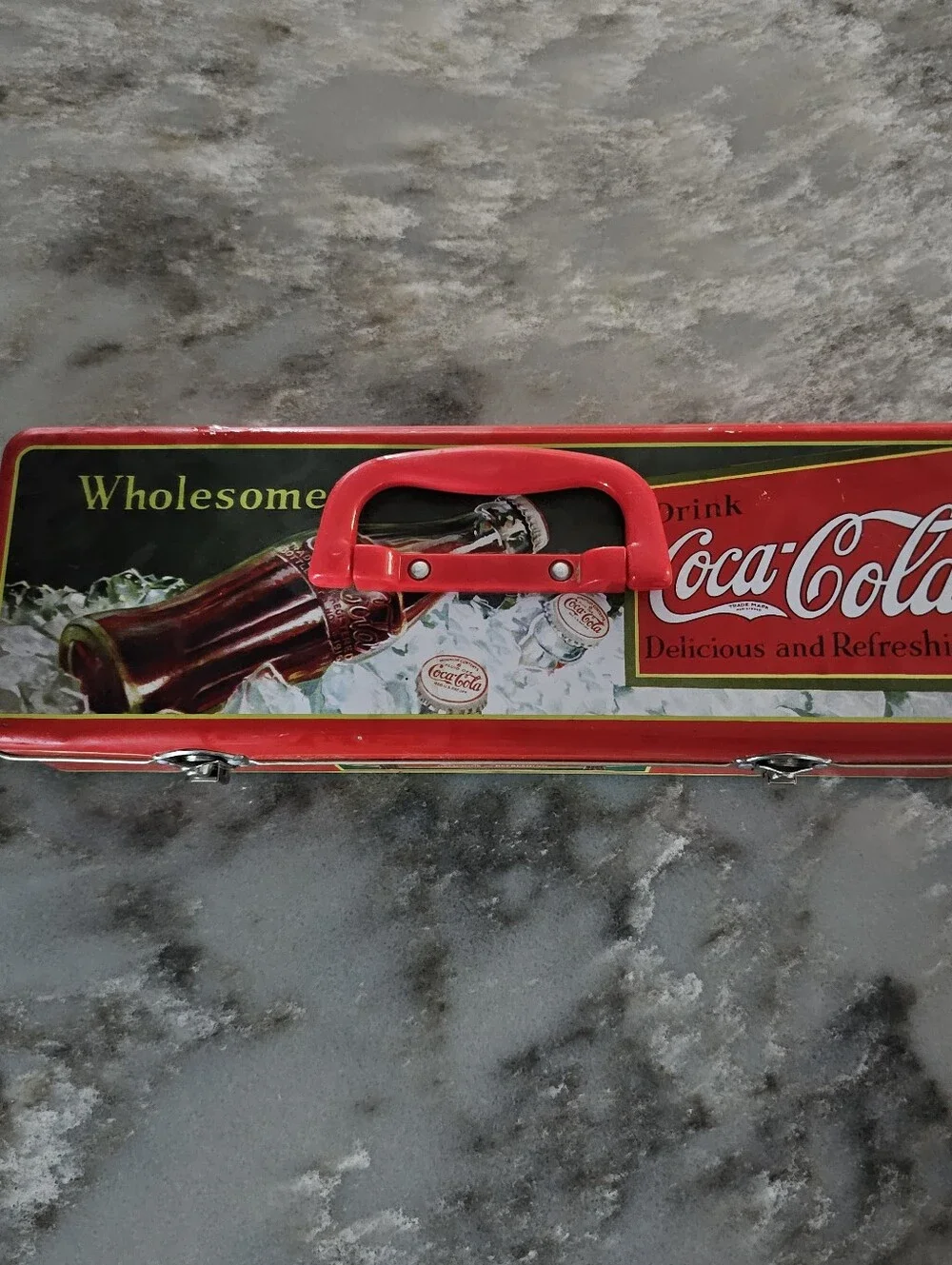 Coca-Cola Metal Utility Storage Box Tin Collectible Retro Red Handle Case 66062